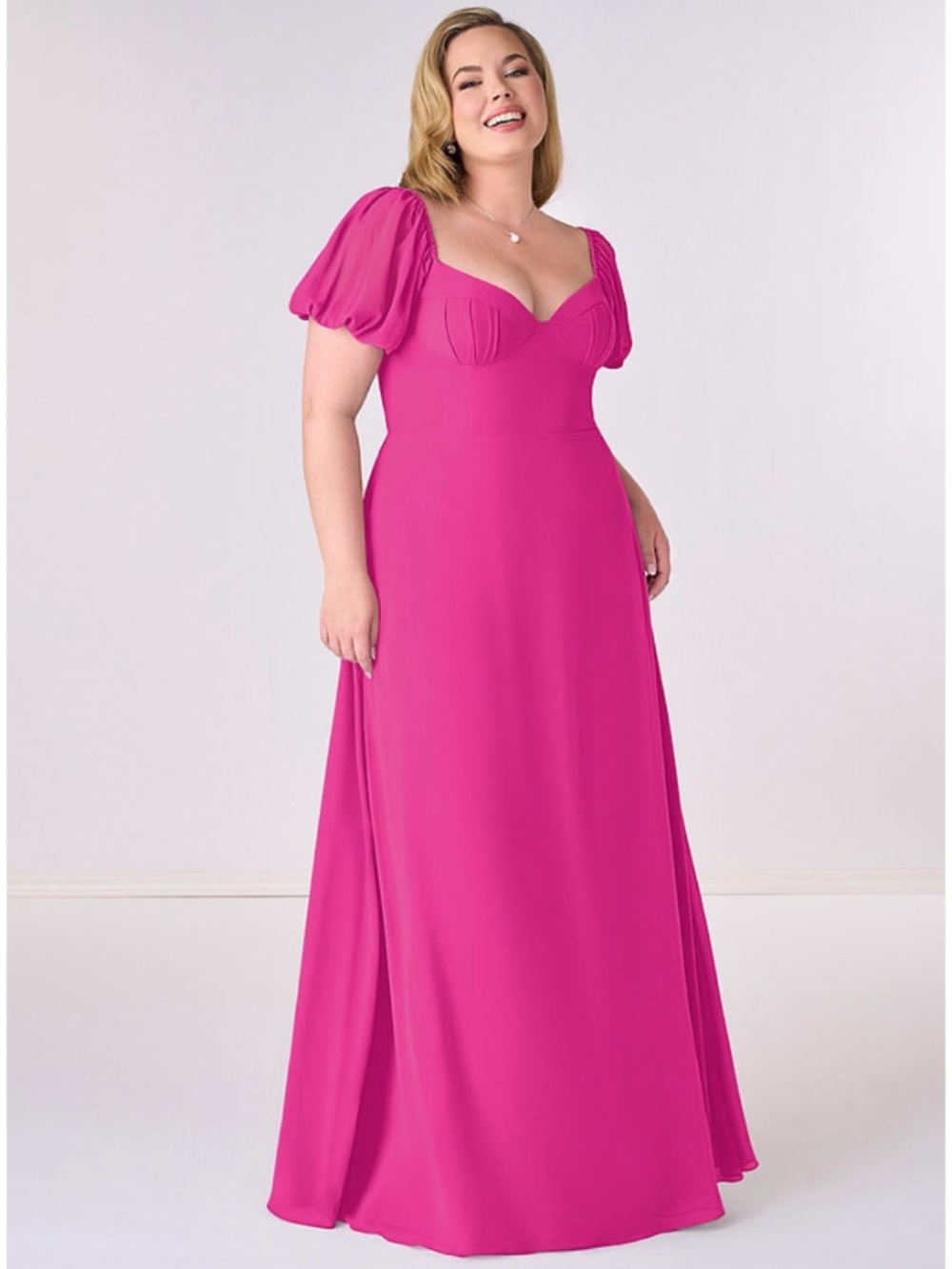 Azazie Hot Pink Maxi Dress with Puff Sleeves A16 NWT